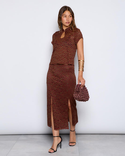 Burgundy Openwork Flower Skirt