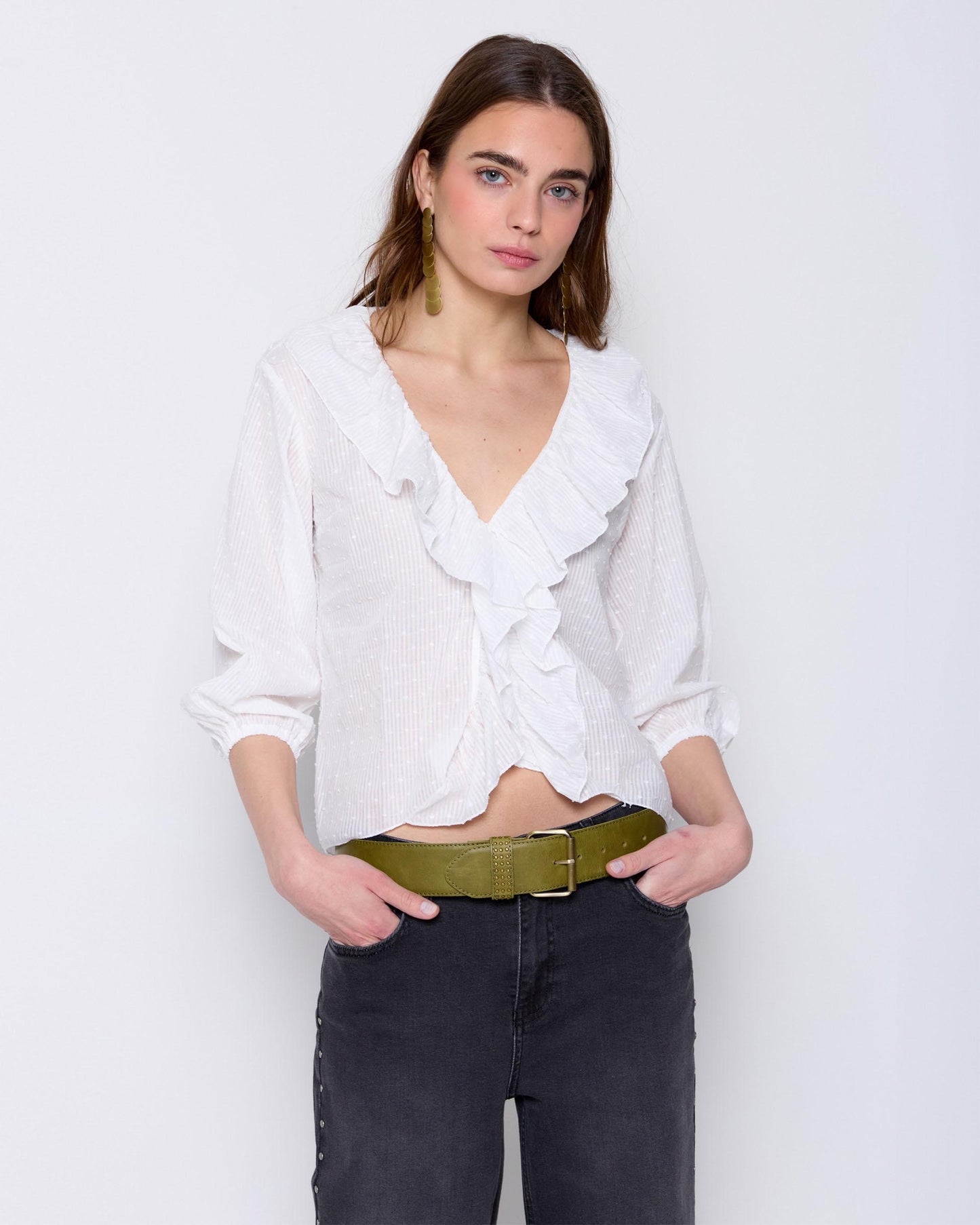 White Ruffle Plumeti Blouse