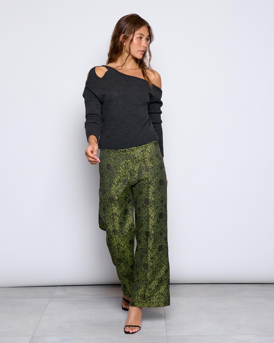 Green Floral Jacquard Trousers