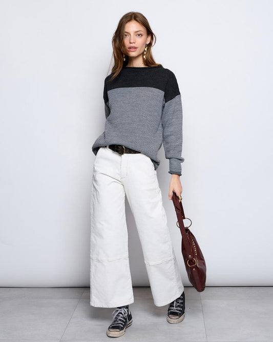 Corduroy Trousers with Contrast Stitching in White