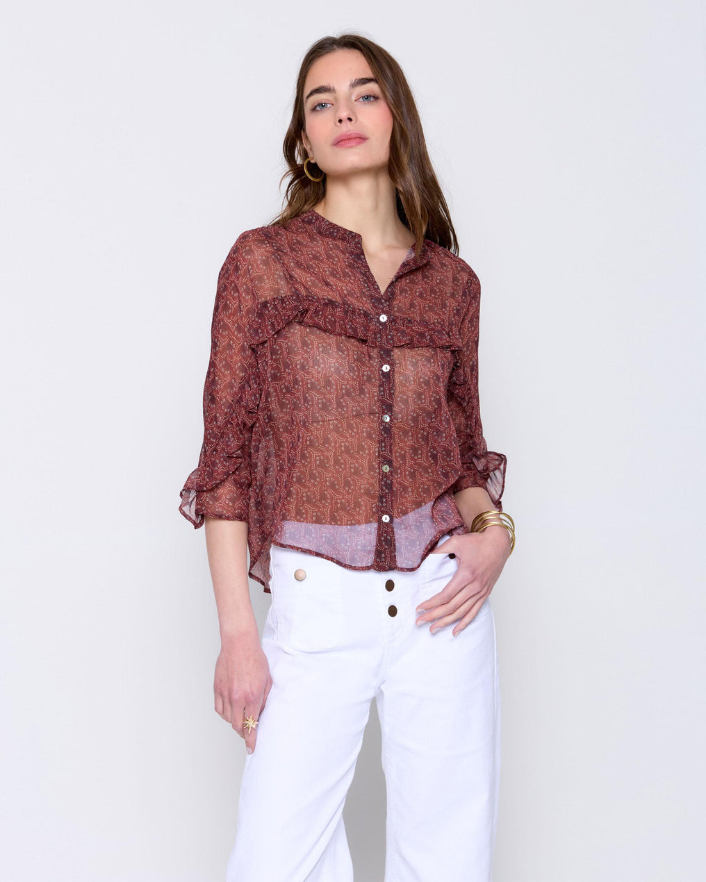 Blouse with burgundy ruffle print