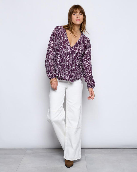 Purple Tye Dye Print Bow Wrap Blouse