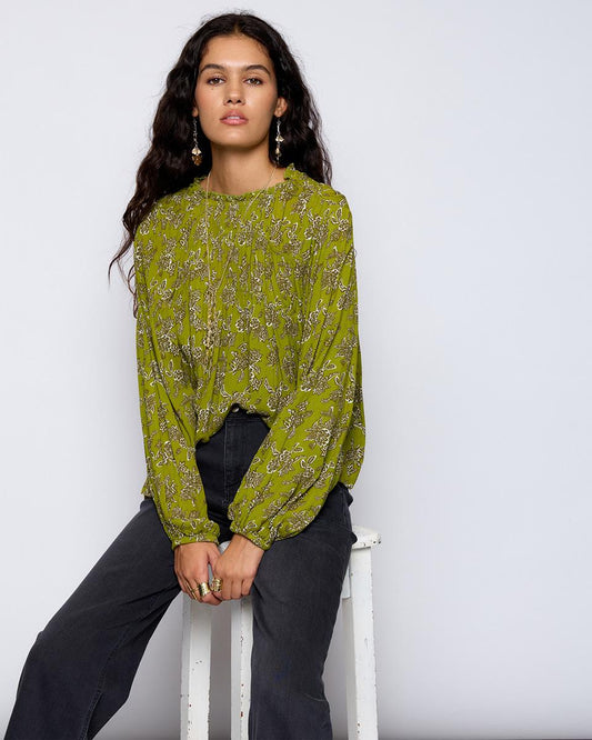 Blusa Gomas Pechera Estampado Flores Verde