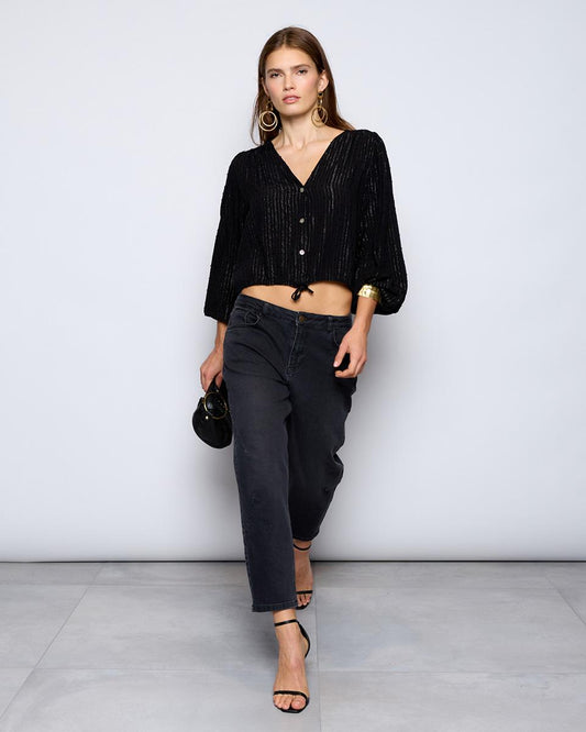 Black Metallic Thread Plumeti Blouse