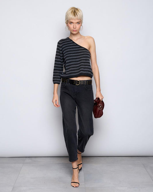 Anthracite Metallic Thread Asymmetric Striped Top