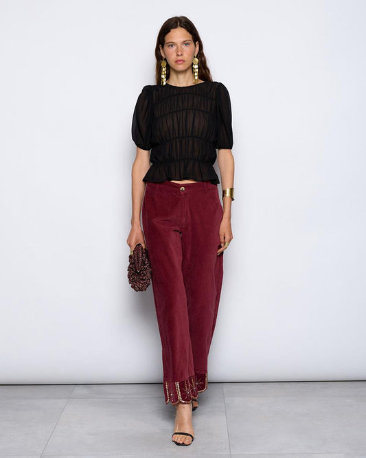 Velvet Trousers with Garnet Rhinestone Embroidery