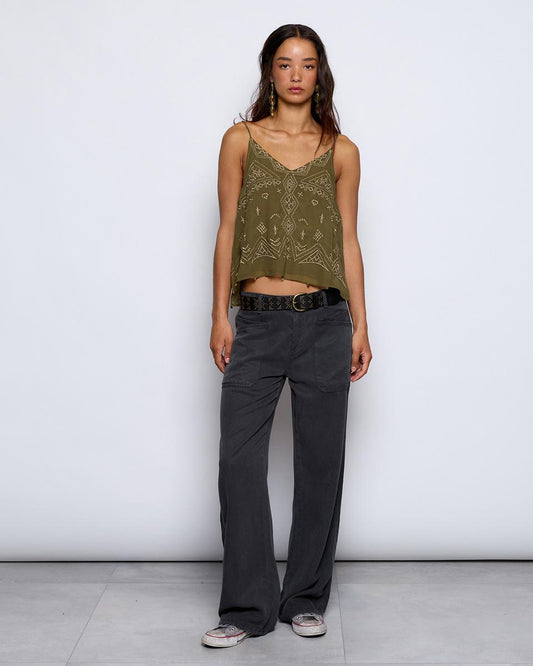 Green Embroidered Peak Strap Top