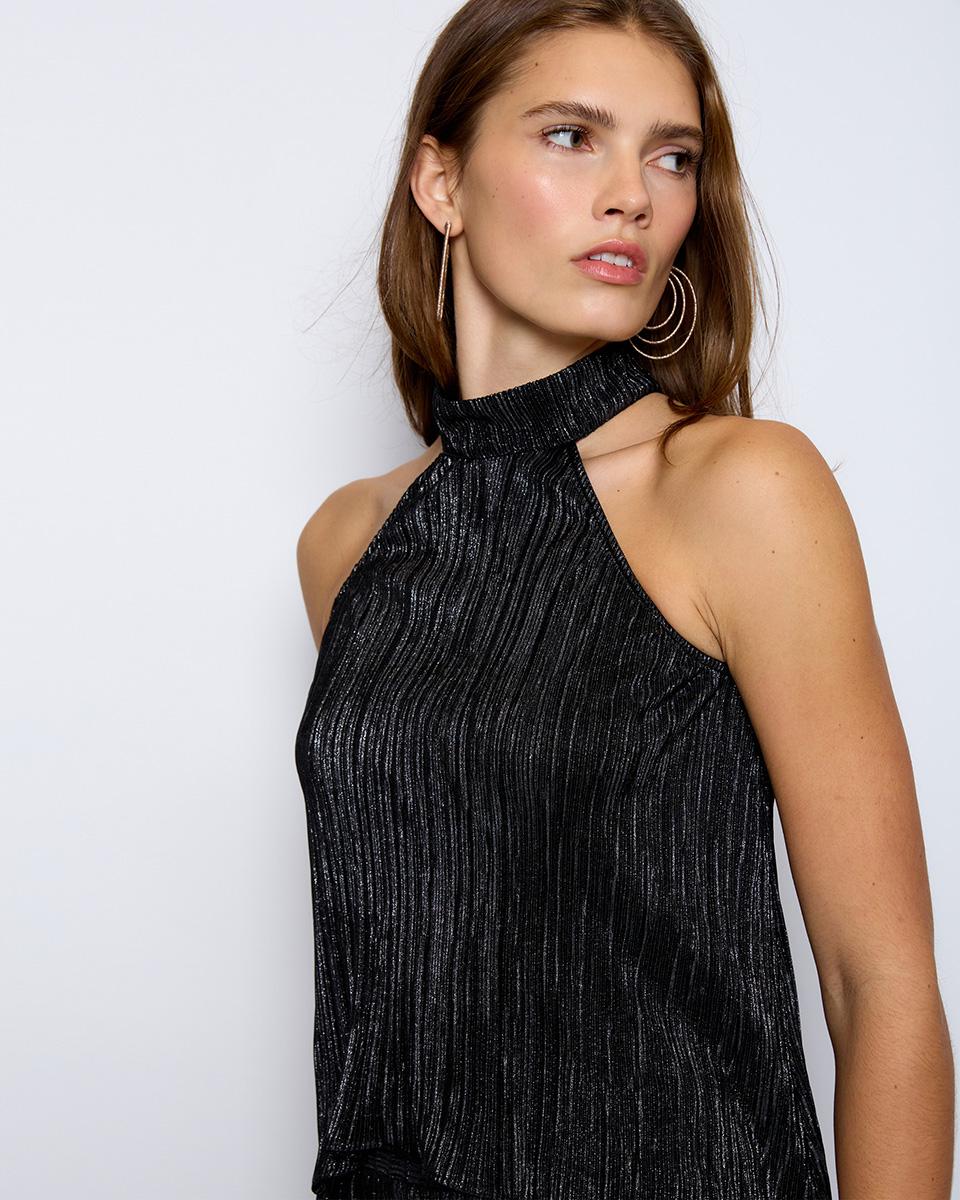 Black Metallic Thread Halter Top