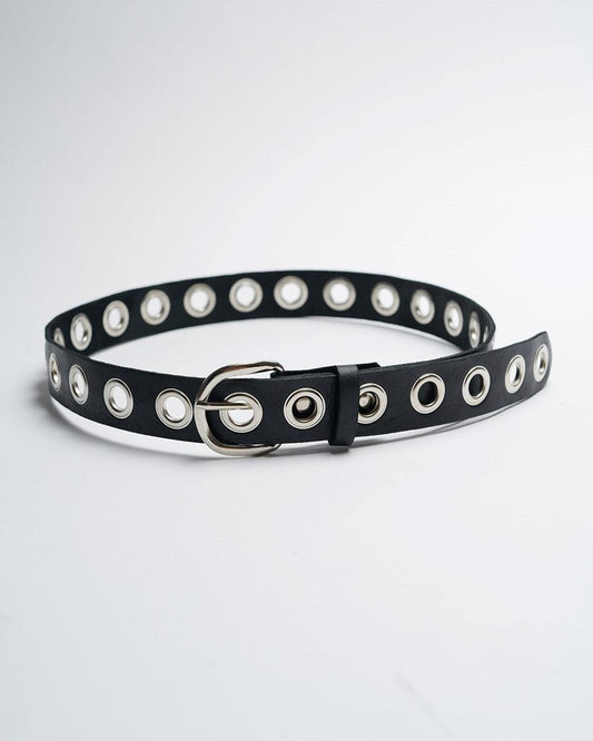 Black Studded Leather Belt with Hoops