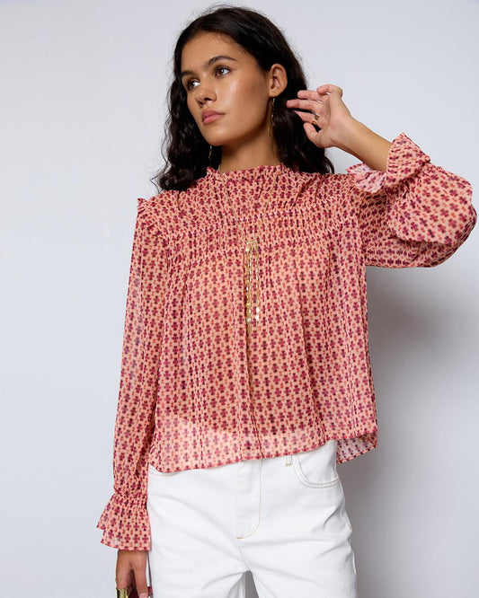 Pink Gathered Printed Blouse