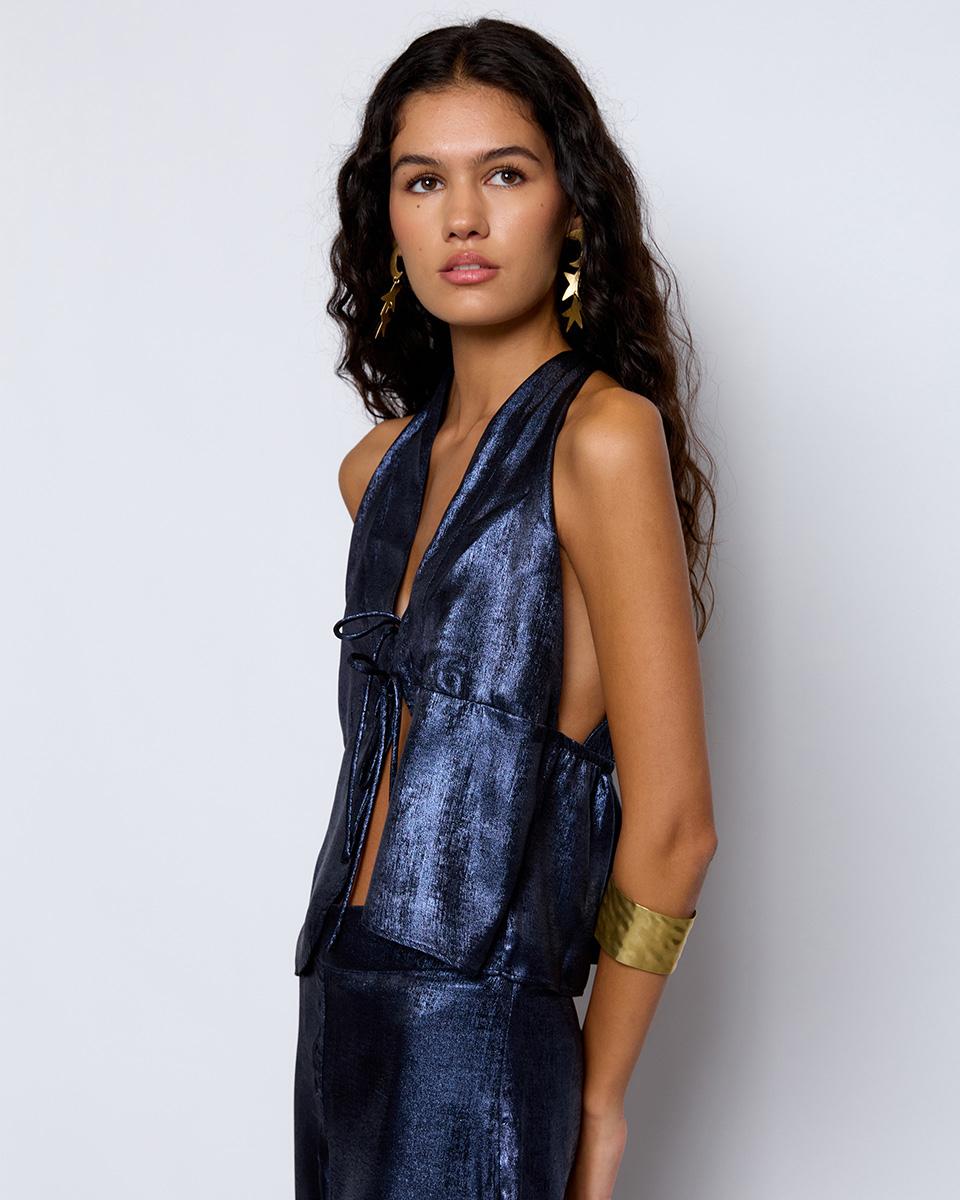 Dark Blue Glitter Bow Strappy Top