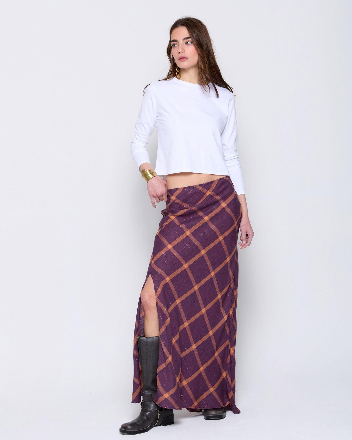 Long Purple Plaid Skirt