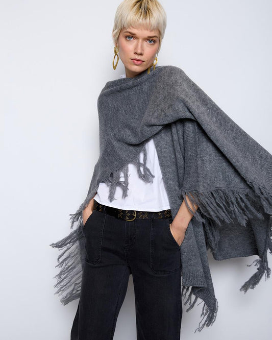 Anthracite Fringed Knitted Poncho