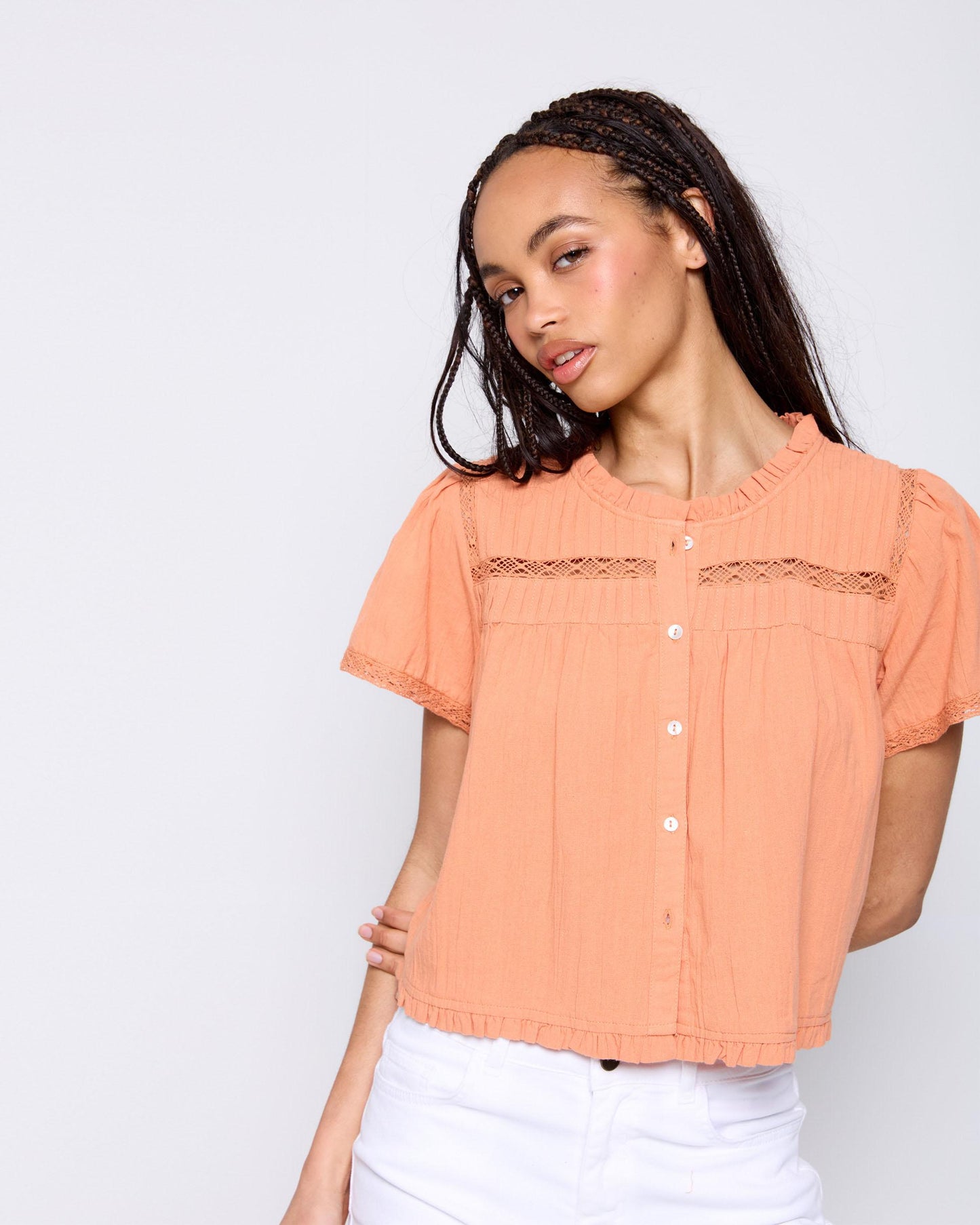 Short Sleeve Orange Lace Blouse