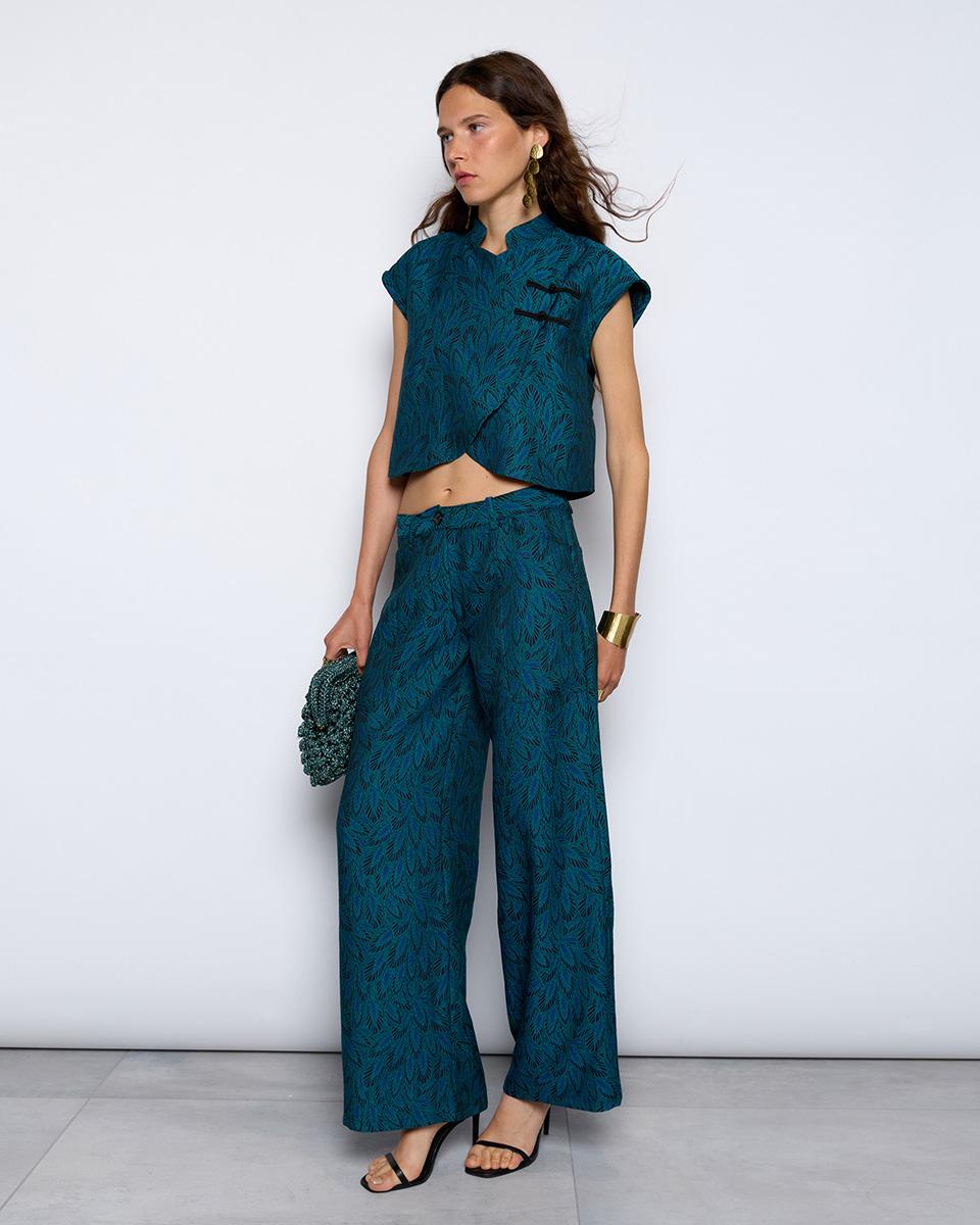 Turquoise Leaf Wide Leg Pants