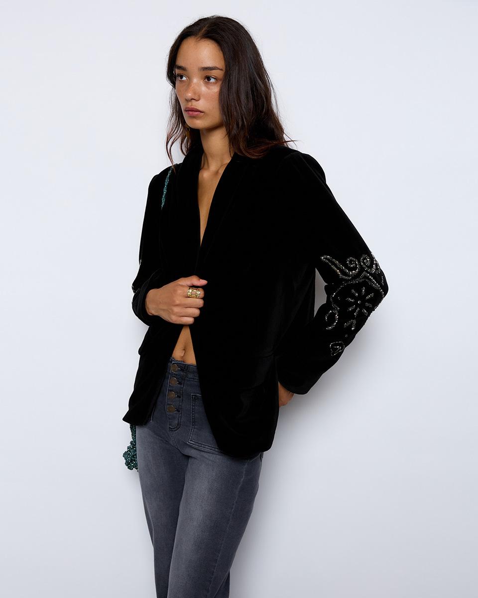 Black Embroidered Velvet Blazer