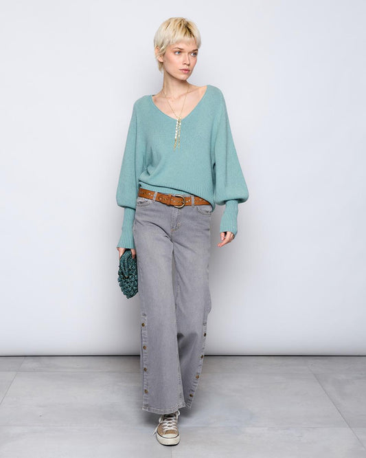 Soft Knit Jersey Ribbed Sleeves Aqua Green