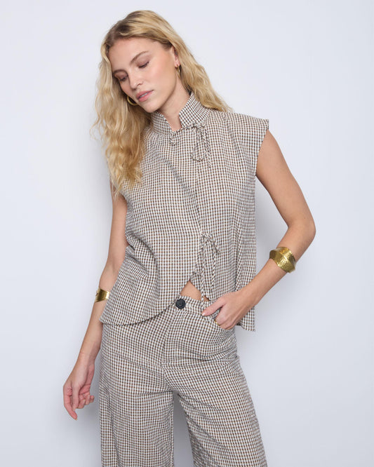 Brown Bow Checkered Top