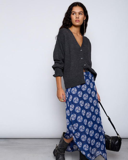 Chiffon Skirt Peaks Print Flower Circles Dark Blue