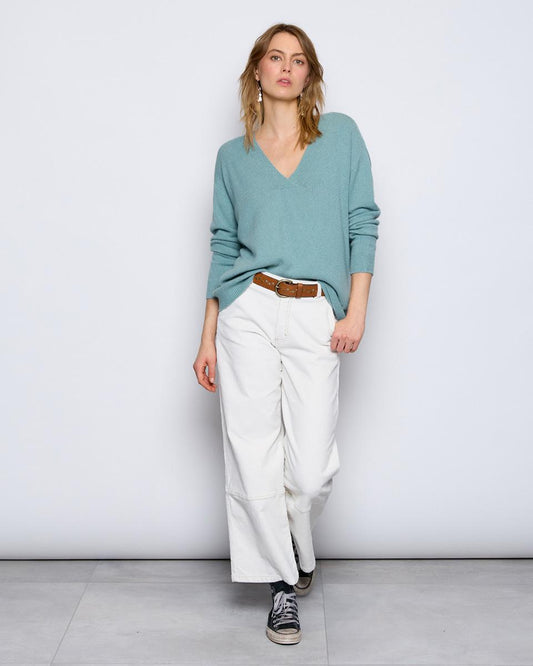 Green Water Ribbed V-Neck Sweater