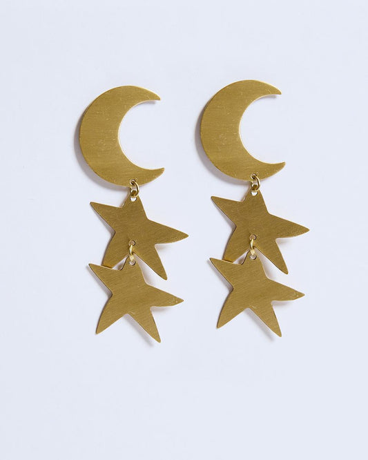 Pendiente Luna Y Estrellas Oro