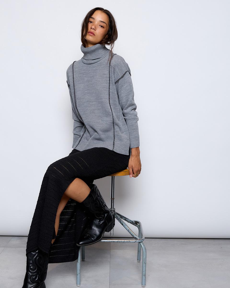 Grey Contrast Turtleneck Sweater