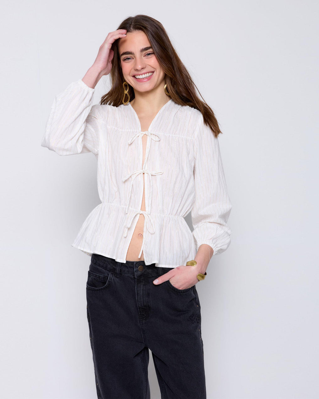 White Lurex Bow Blouse