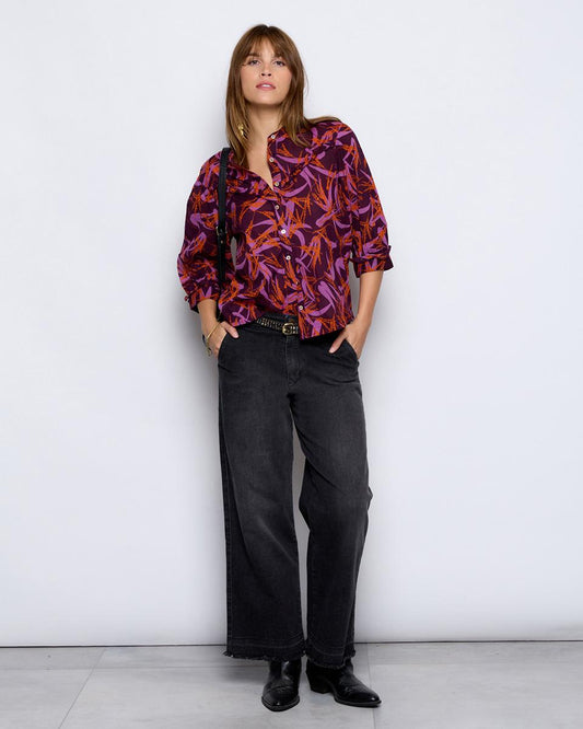 Blouse Yoke Ruffle Print Palm Trees Purple