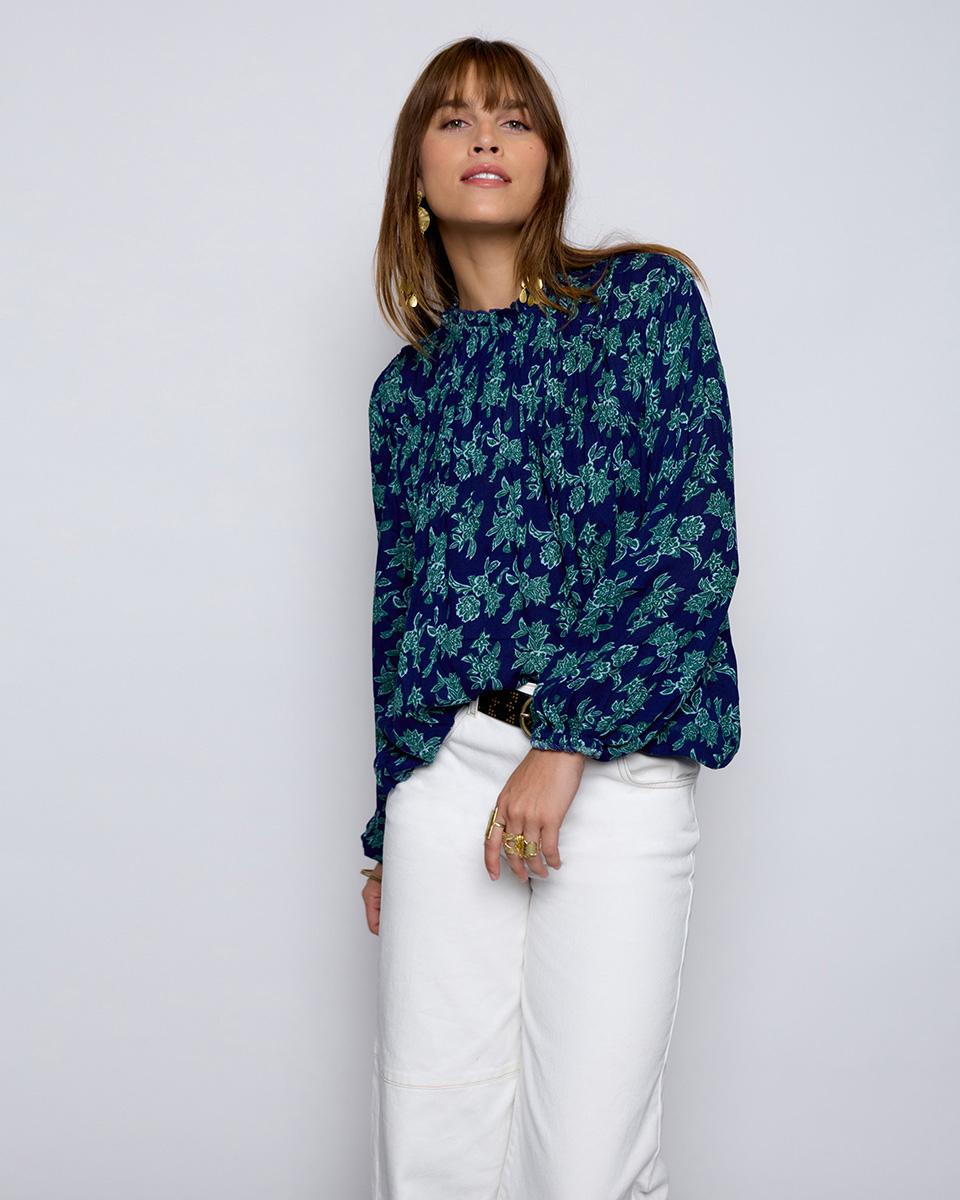 Blusa Gomas Pechera Estampado Flores Azul - 2