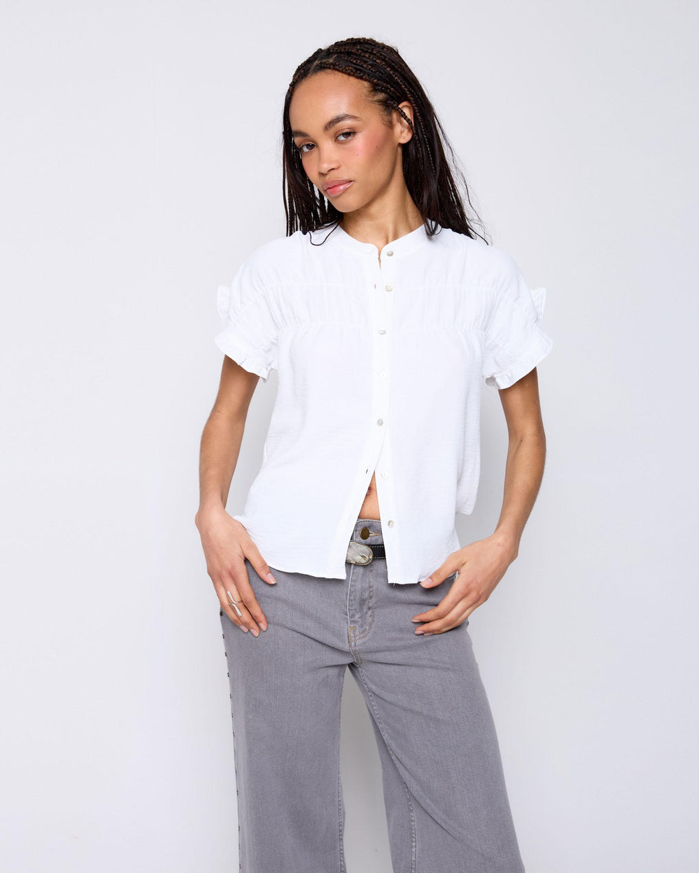 White Rubber Short Sleeve Blouse