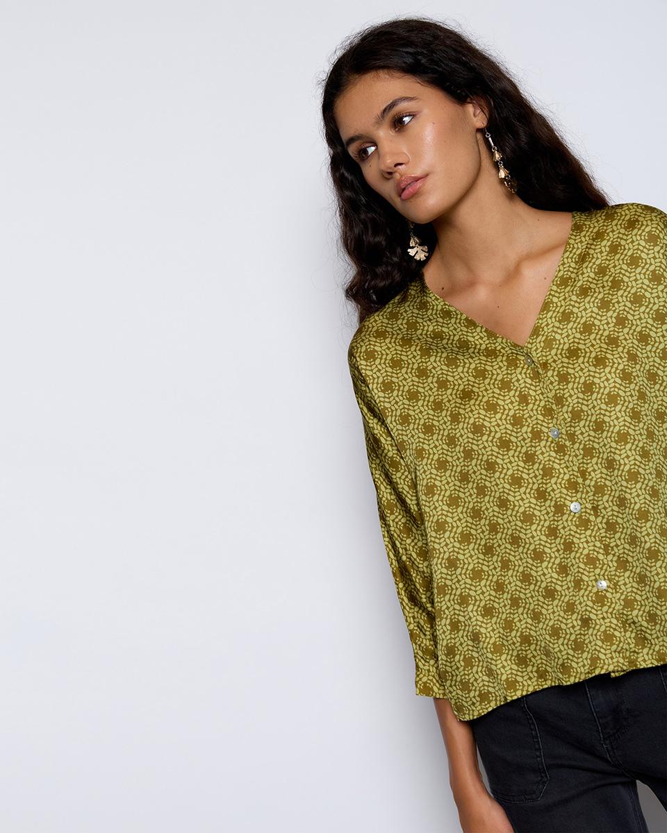 Blusa Botones Escote Pico Verde - 2