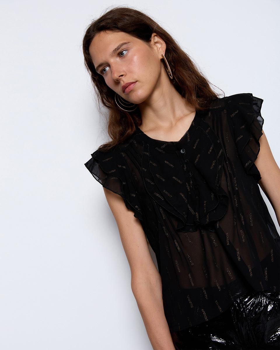 Black Glitter Ruffle Sleeveless Blouse