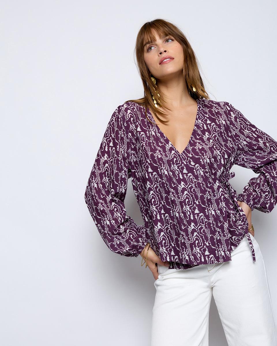 Purple Tye Dye Print Bow Wrap Blouse