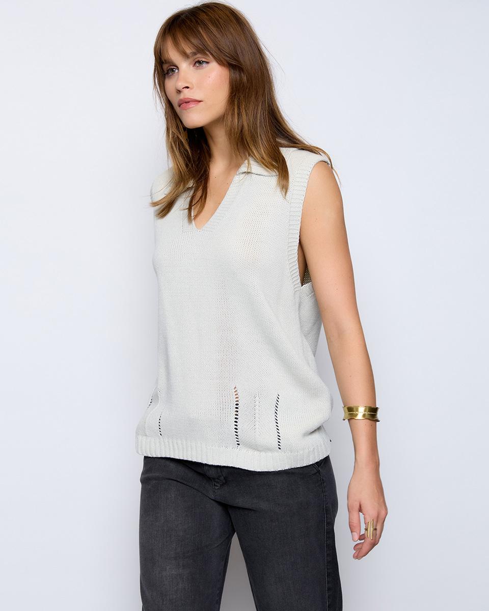 Ecru Lapel Collar Vest