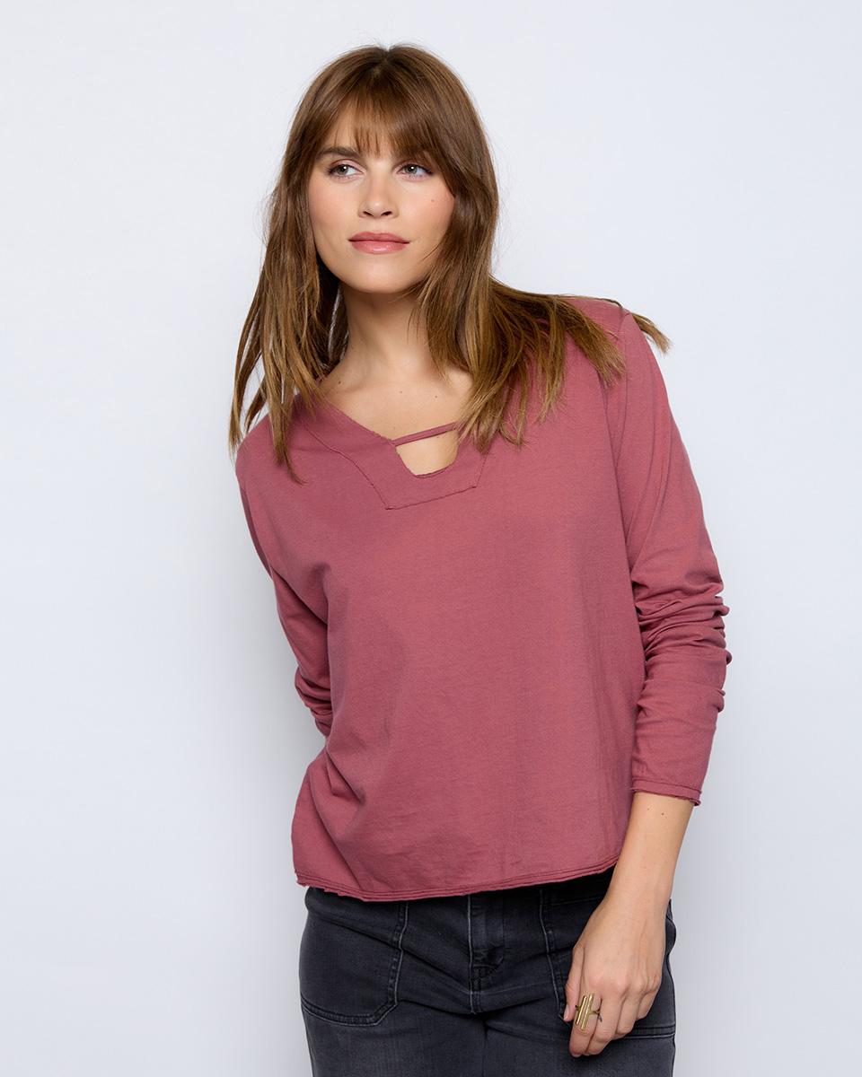 Dark Pink Strip Neckline T-shirt