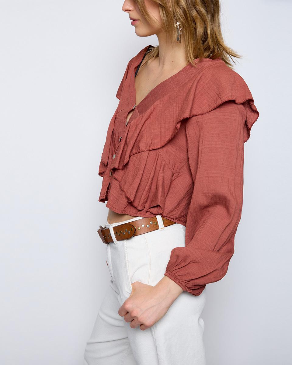 Blusa Escote V Volantes Rosa