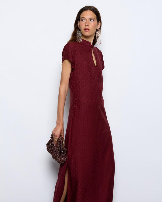 Long Mao Collar Burgundy Dress