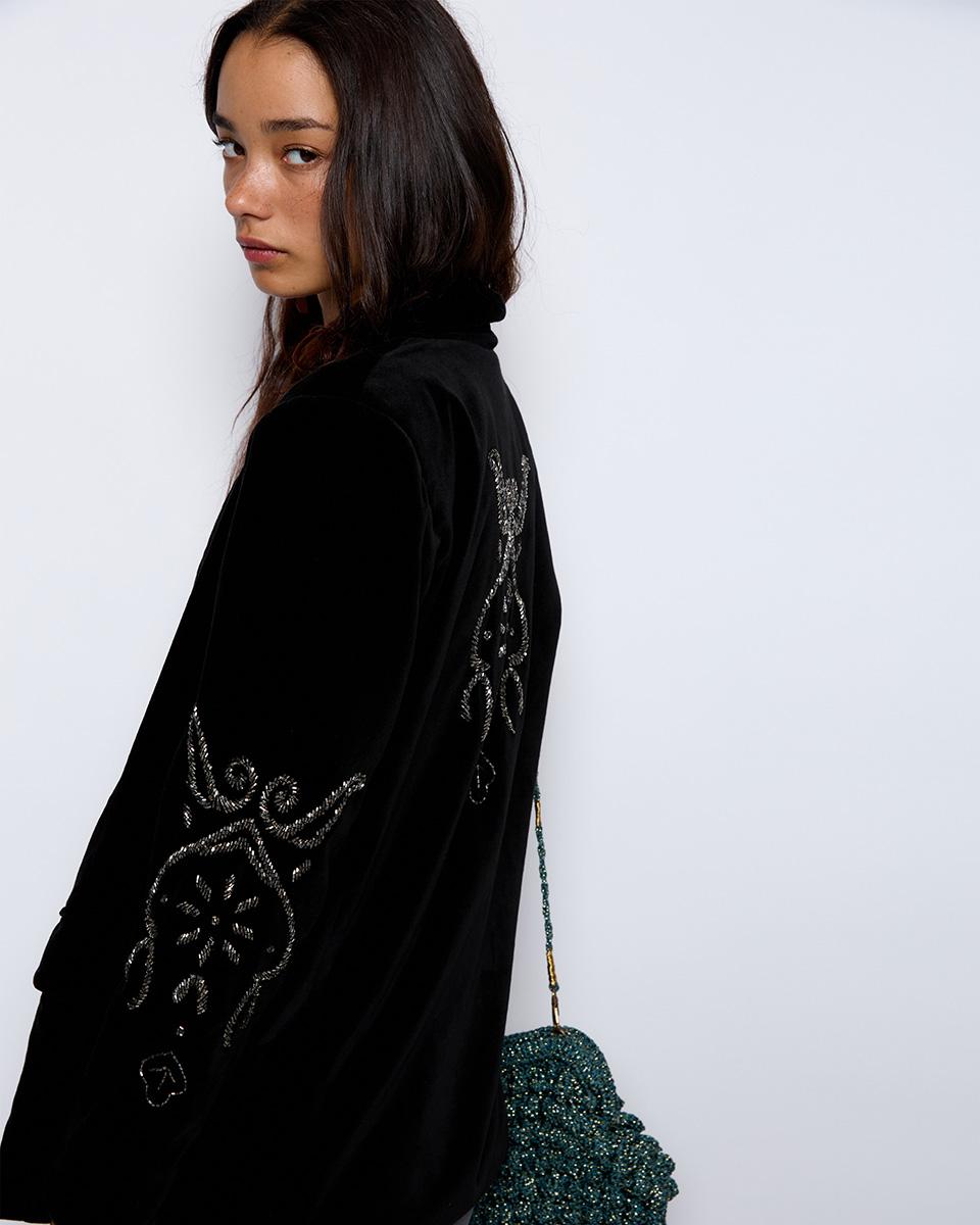 Black Embroidered Velvet Blazer