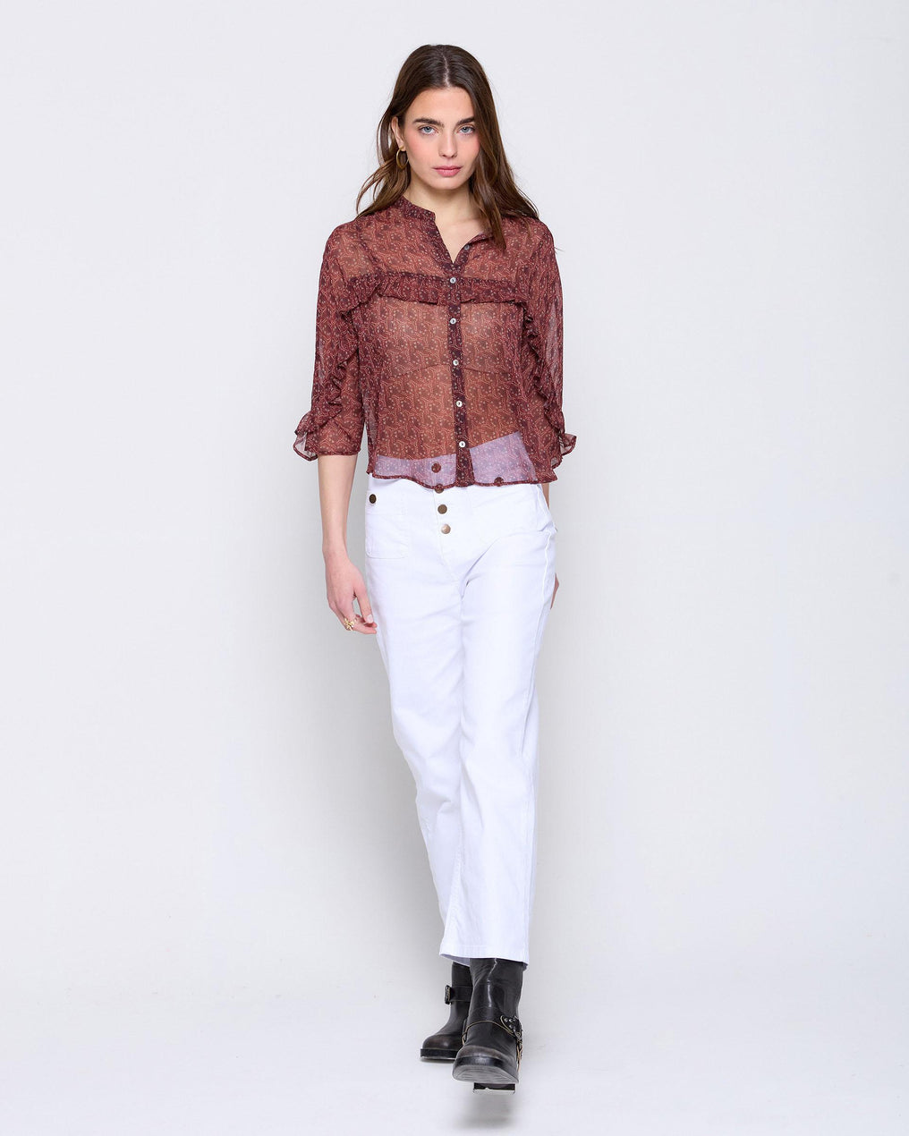 Blouse with burgundy ruffle print