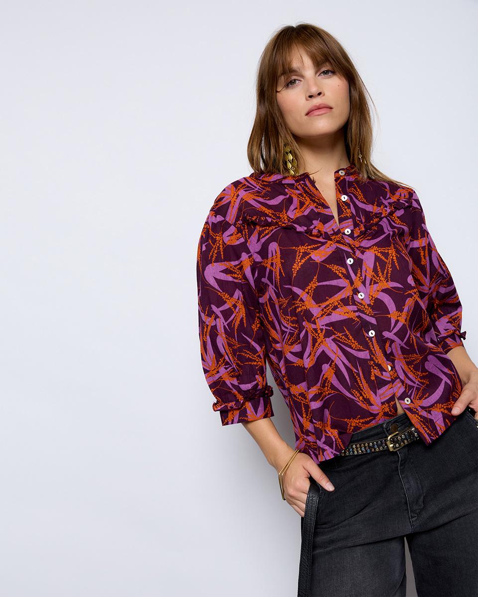 Blusa Canesú Volante Estampado Palmeras Morado