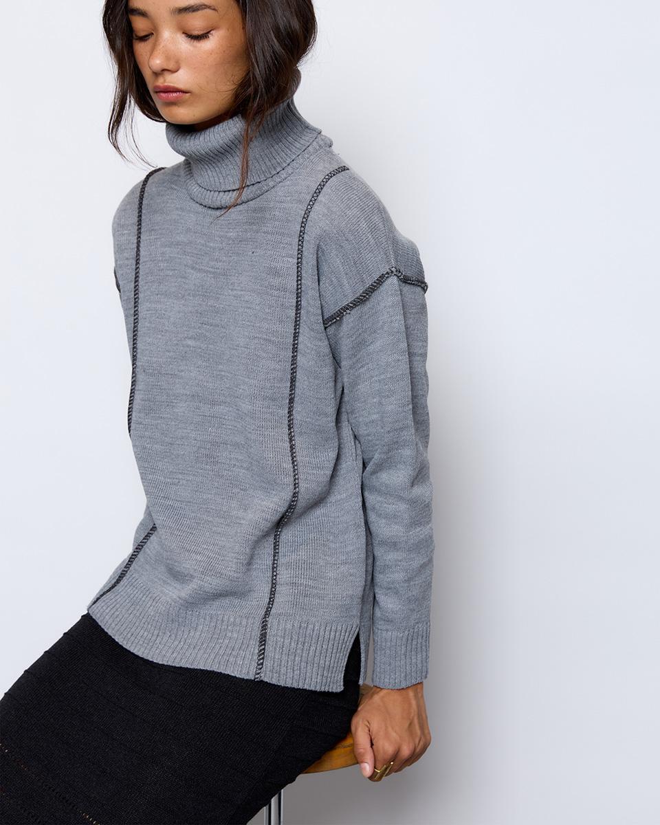 Grey Contrast Turtleneck Sweater