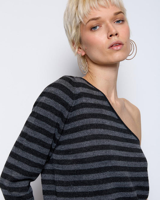 Anthracite Metallic Thread Asymmetric Striped Top