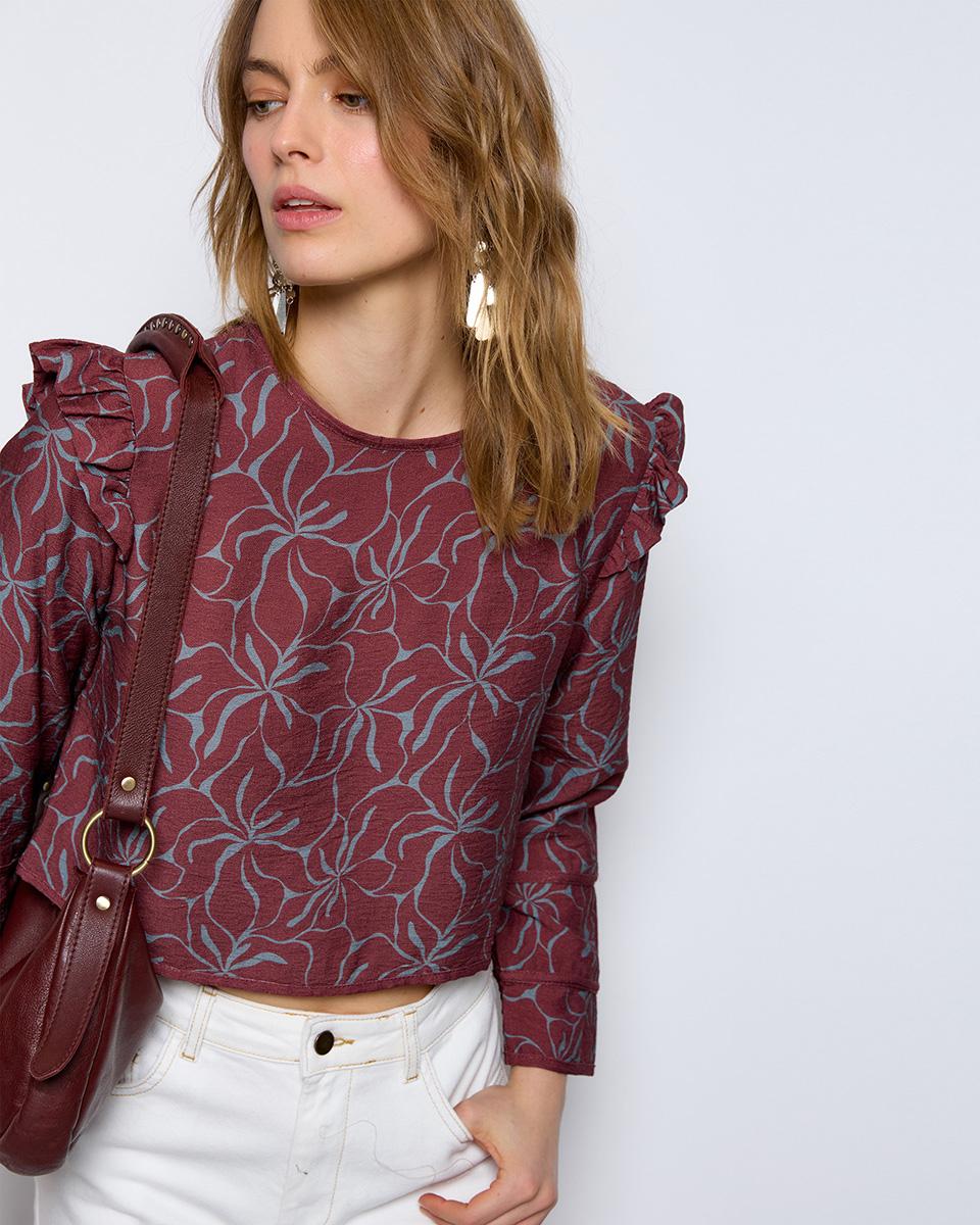 Garnet Flower Print Ruffle Blouse