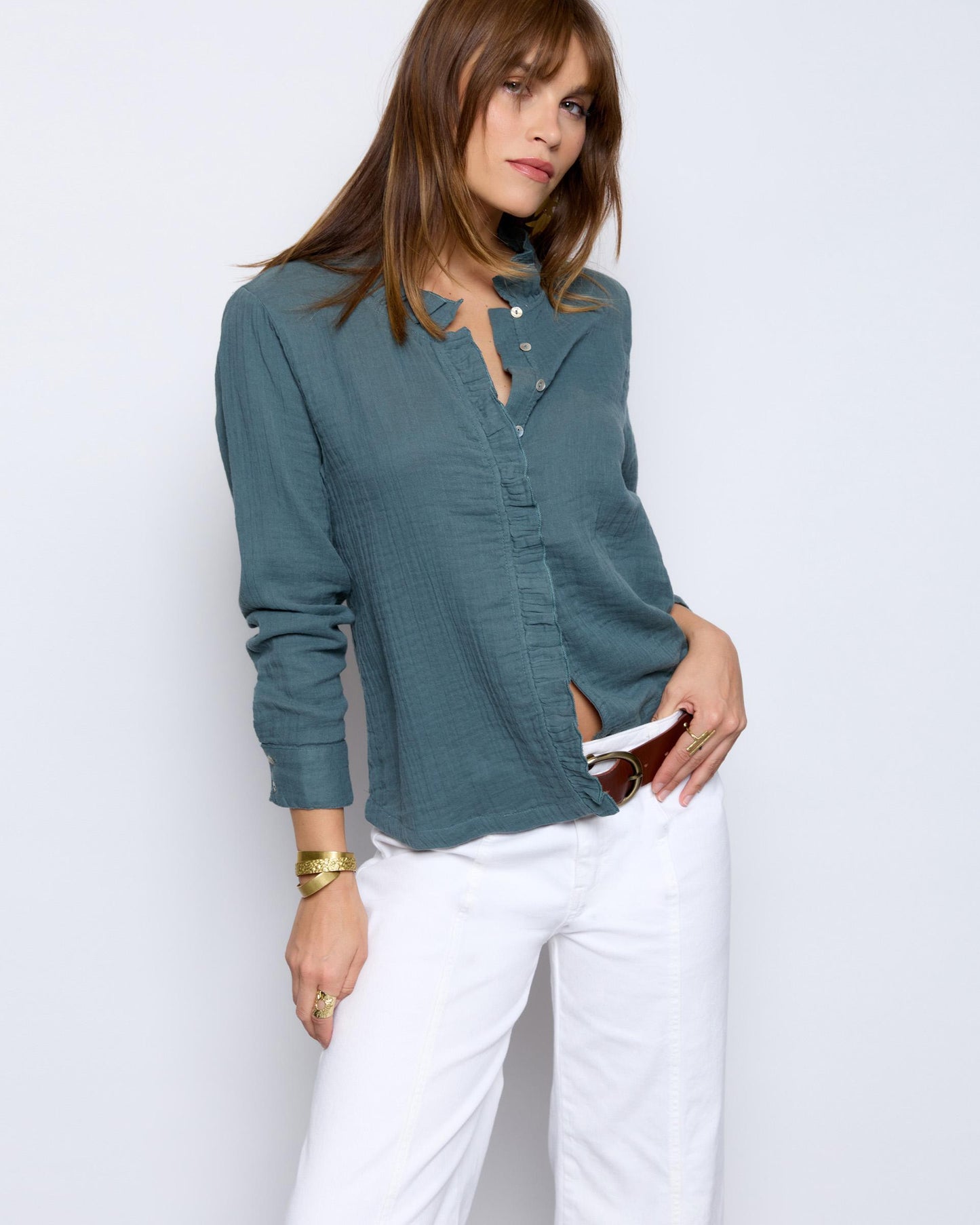 Blouse with ruffles in water green