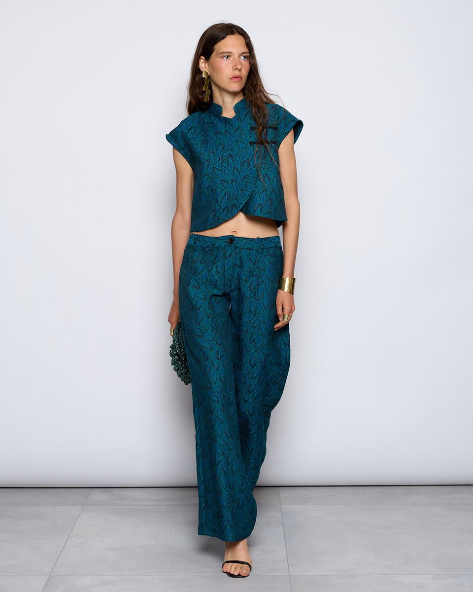 Turquoise Leaf Wide Leg Pants