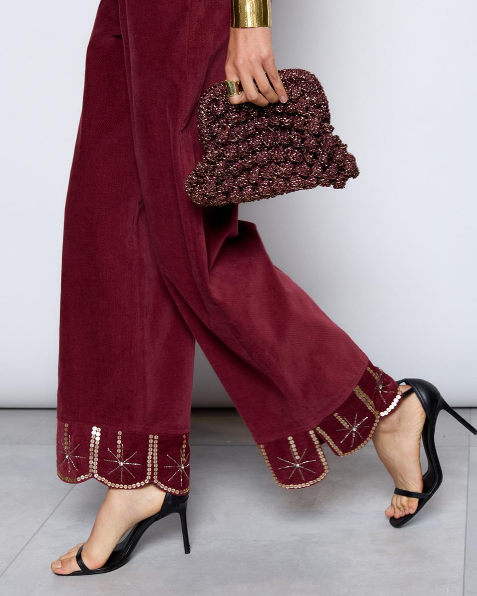 Velvet Trousers with Garnet Rhinestone Embroidery