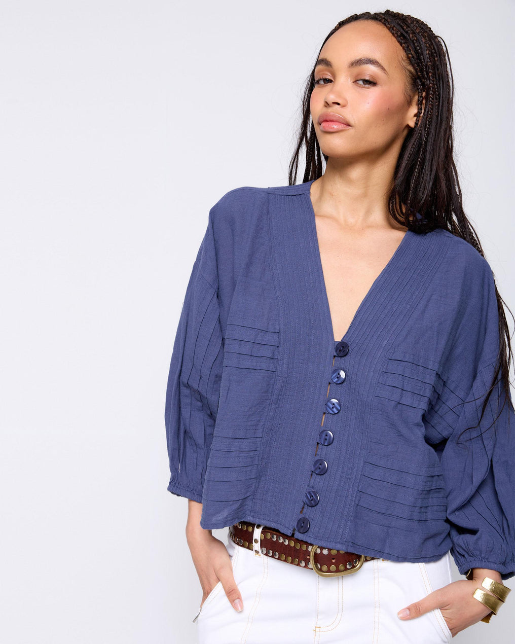 Blue Pleated Blouse