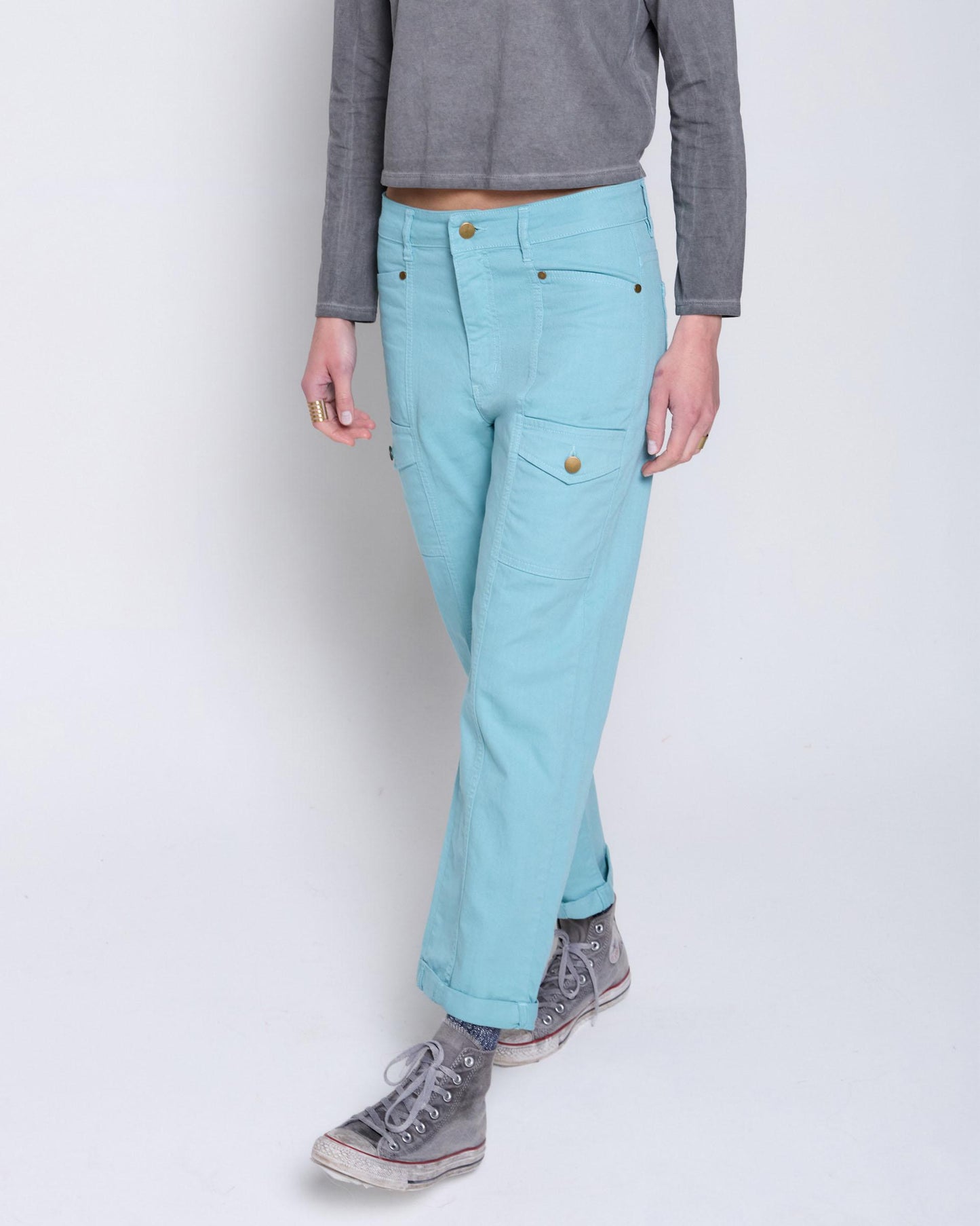 Jeans with contrasting pockets in water green