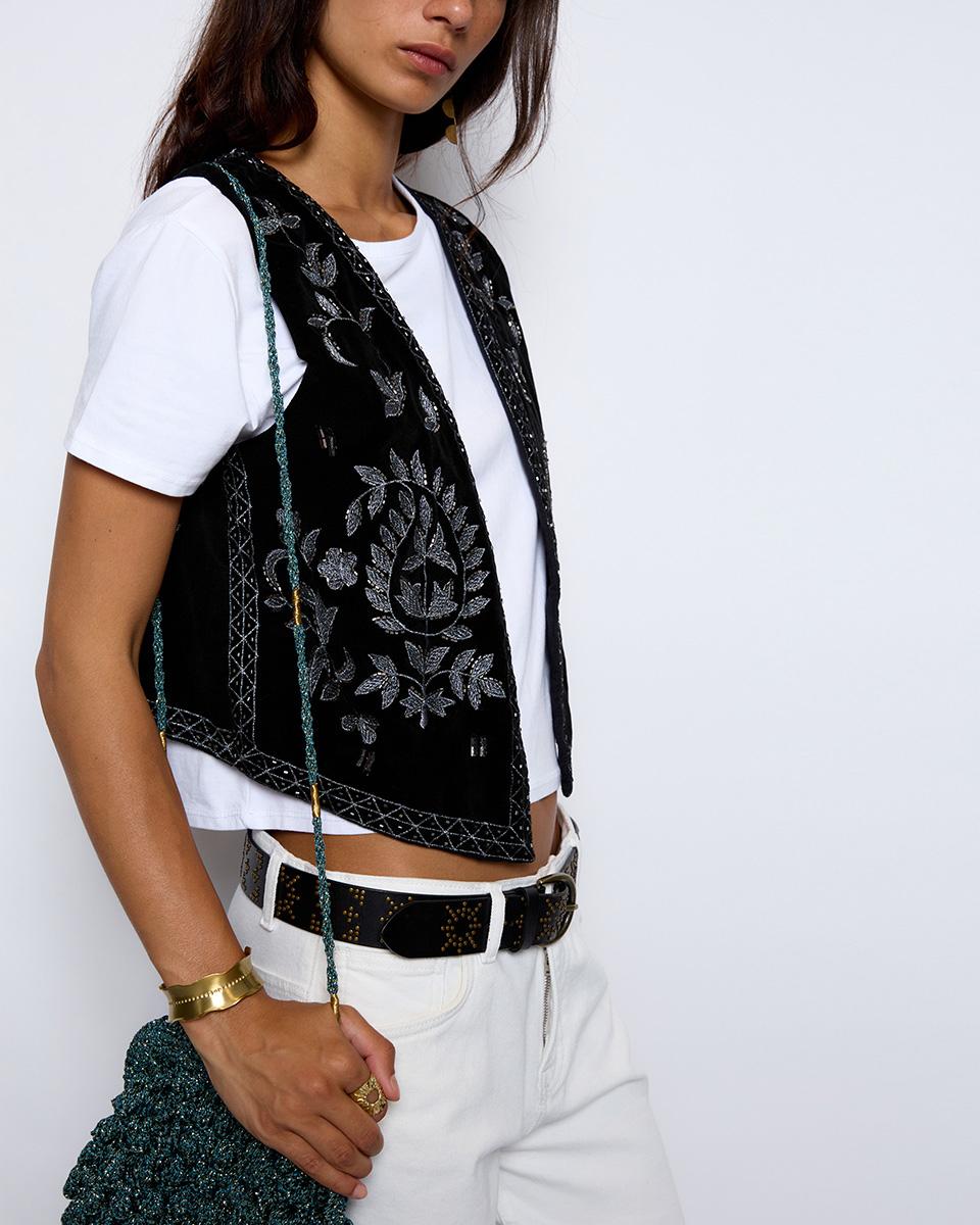 Black Embroidered Velvet Vest