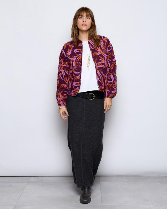 Purple Palm Tree Print Bomber Jacket